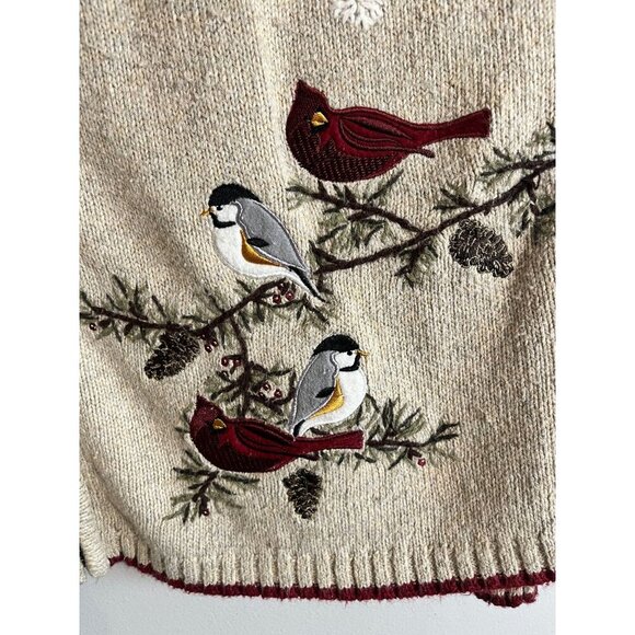 Cardinal Bird Silk Knit Sweater Tan XL Earthy Neutral Festive Embroidery Preppy - Picture 6 of 12